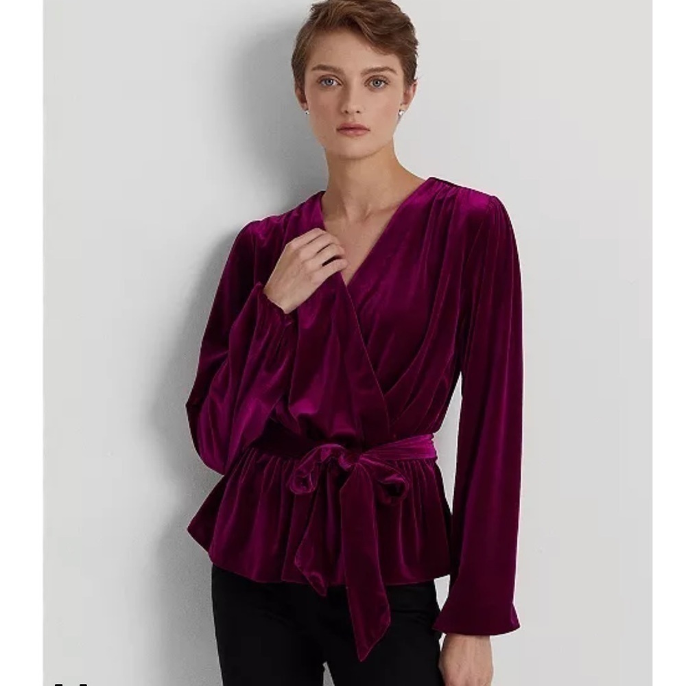 LAUREN Ralph Lauren Belted Velvet Peplum Surplice Top